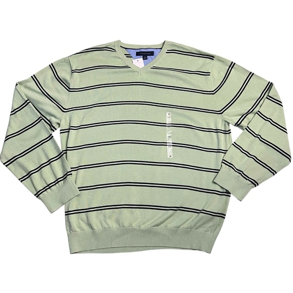 Tommy Hilfiger Men’s Cotton V-Neck Sweater Green Stripe Preppy Country Club XXL - Picture 2 of 8
